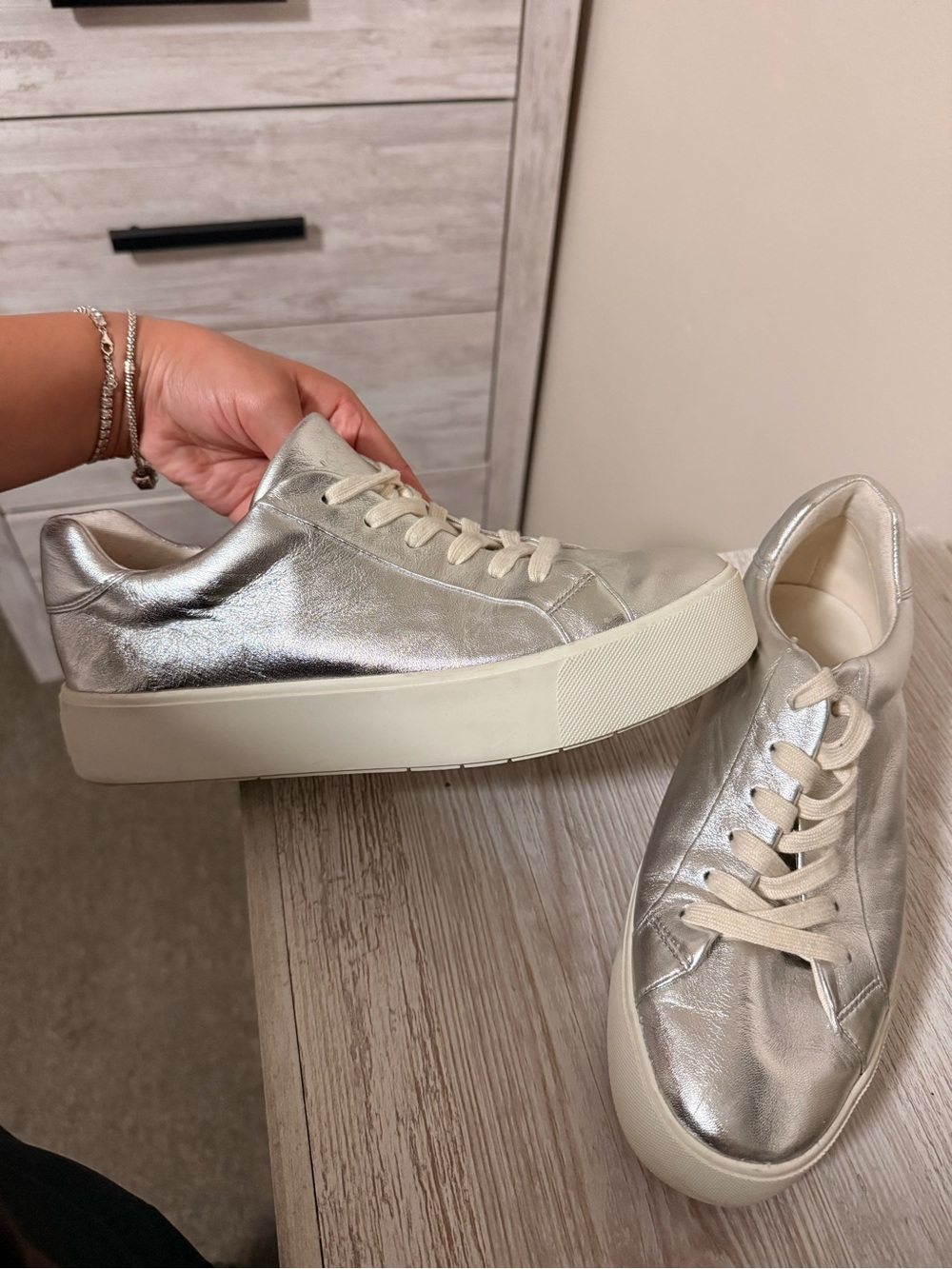 Vince Metallic Silver Platform Sneakers - Casual Lace-Up